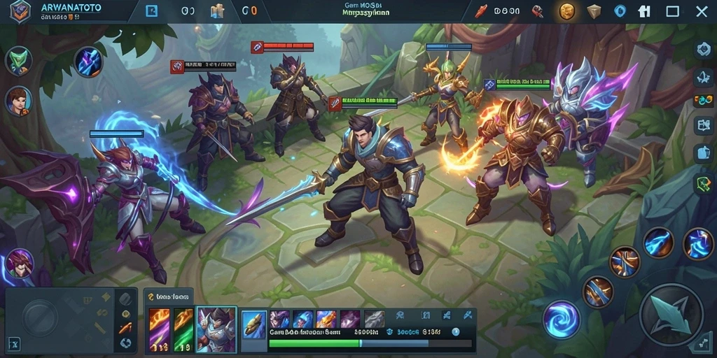 Screenshot ARWANATOTO menampilkan aksi pertarungan tim MOBA yang seru.