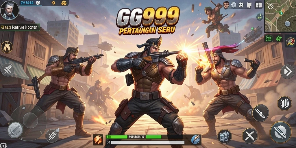 Screenshot GG999 menampilkan aksi pertempuran seru dalam permainan Battle Royale.
