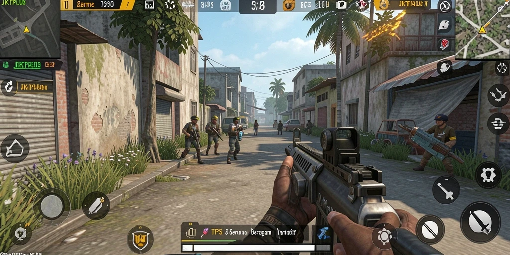 Screenshot JKTPLUS menampilkan intensitas pertempuran di gameplay TPS.