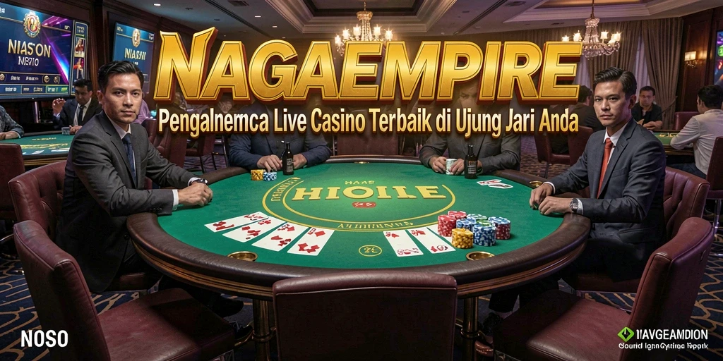 Screenshot gameplay NAGAEMPIRE menampilkan dealer langsung dan suasana kasino yang menarik.