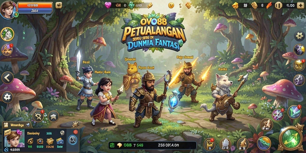 Screenshot gameplay OVO88 menunjukkan karakter menjelajahi hutan fantasi.
